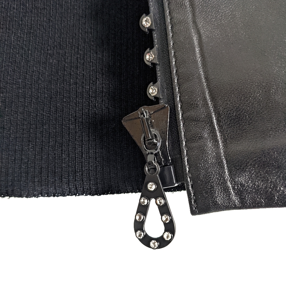 Zingzing genuine leather jacket pockets rhinestones zipper ribbed back sleeves - Picture 11 of 11